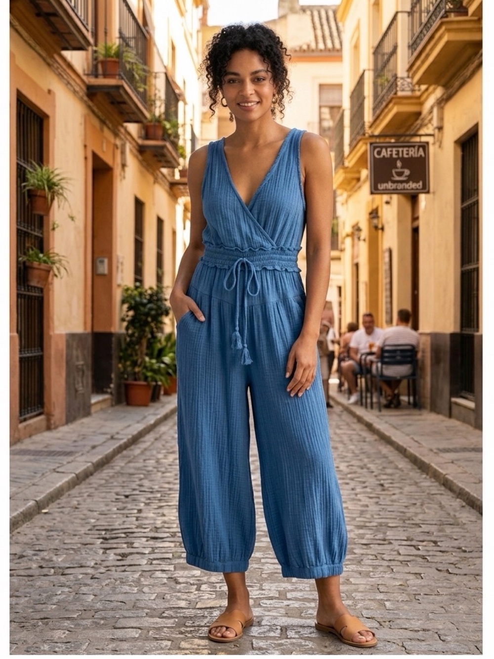 Free People Blue Cotton Gauze Balloon Leg Jumpsuit